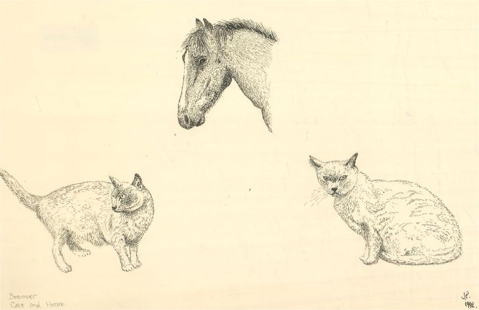 J.A. Pusey - 1992 Pen and Ink Drawing, Bosinver, Cats and Horse