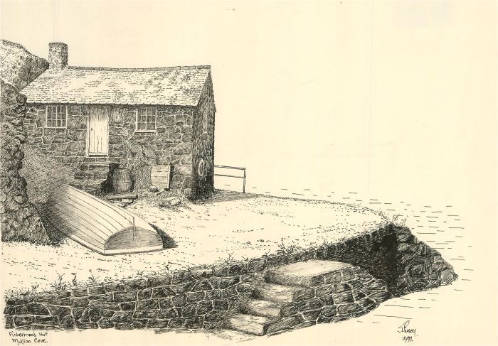 J.A. Pusey - 1992 Pen and Ink Drawing, A Fisherman's Hut, Mullion Cove