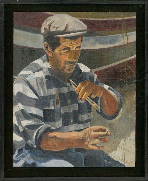 Gordon Metcalfe (b.1935) - 1996 Oil, Fisherman Mending his Nets, Portugal