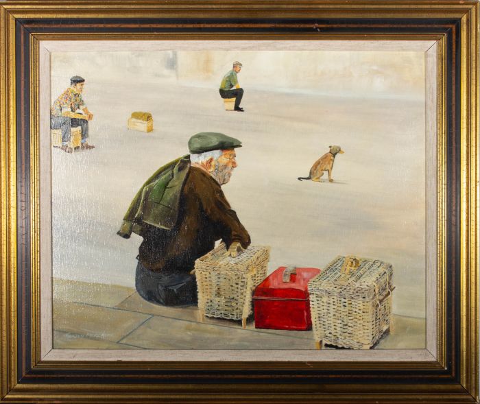 Gordon Metcalfe (b.1935) - 1995 Oil, Fishermen Waiting to Go to Sea, Portugal