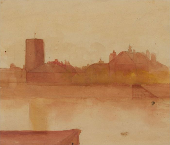 20th Century Watercolour - Riverside Cityscape