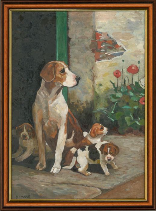 S. Scott  - 20th Century Oil, Beagle and Pups