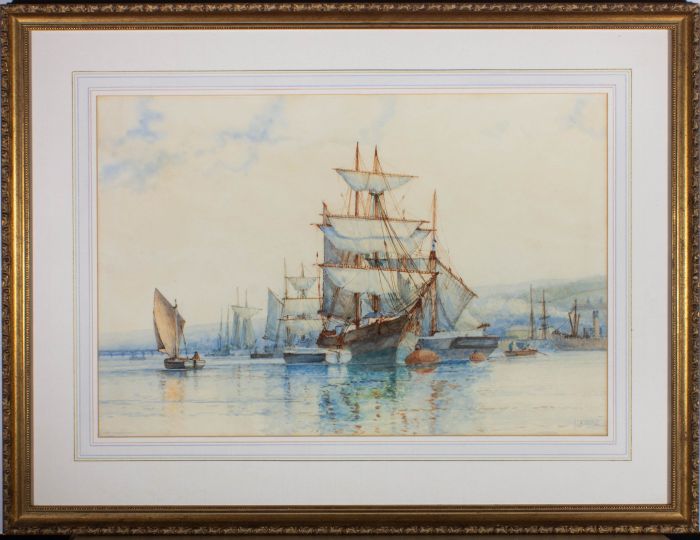 Frederick James Aldridge (1850-1933) - Watercolour, Ships at Harbour