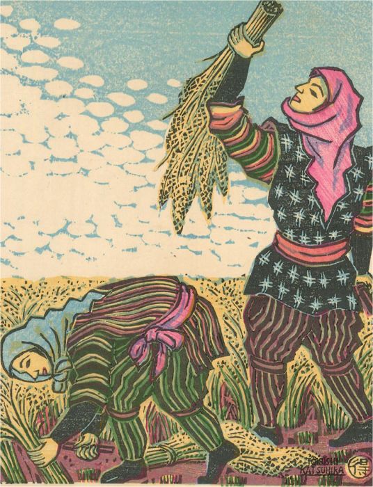 Tokushi Katsuhira (1904-1971) - Japanese Woodblock, September, Harvest