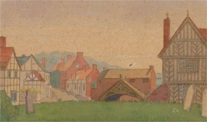 Mid 20th Century Watercolour - Village Scene with Graveyard