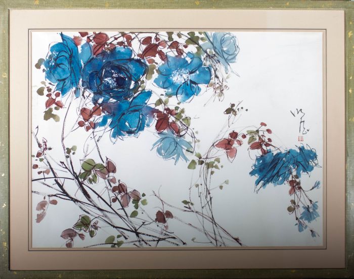 20th Century Watercolour - Blue Lotus Flowers