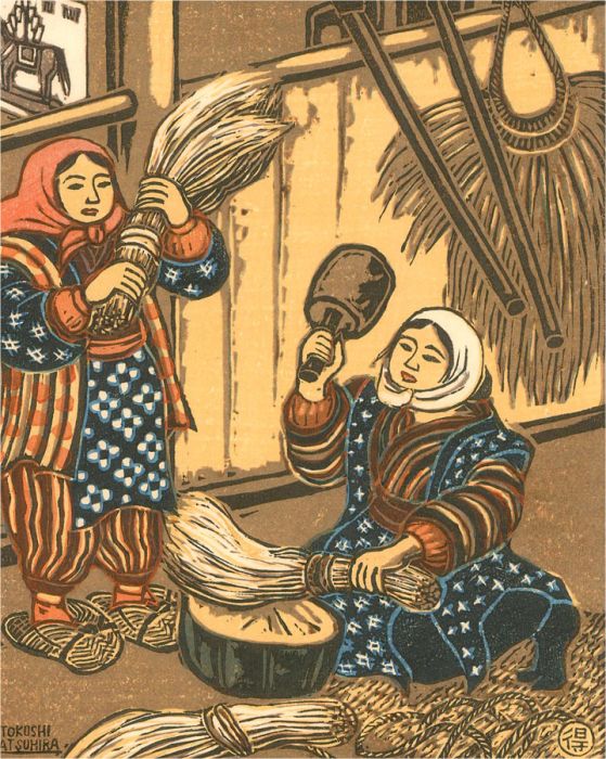 Tokushi Katsuhira (1904-1971) - Japanese Woodblock, January, Farm Work