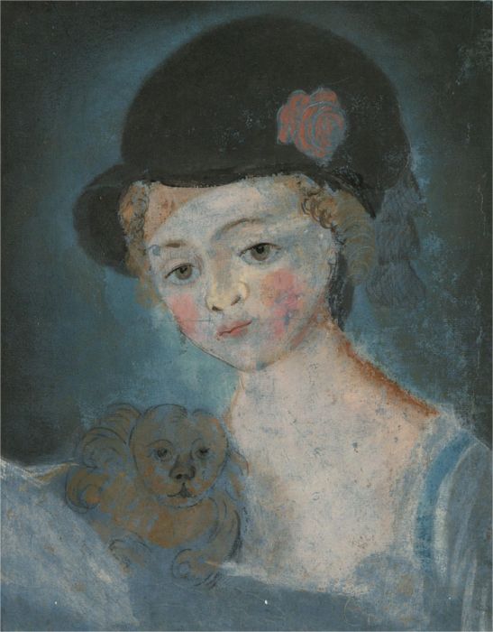 Naive 18th Century Pastel - Portrait of a Girl with a Spaniel