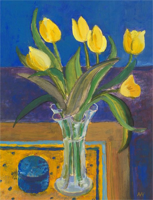 Anne Williams - 20th Century Acrylic, Yellow Tulips in Fluted Vase