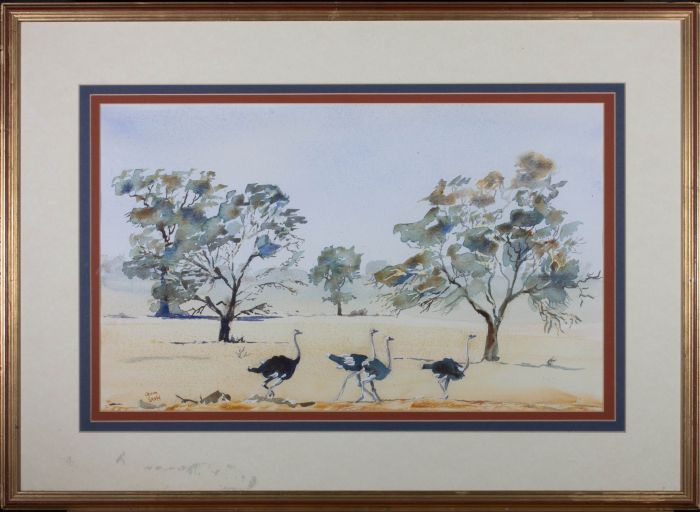 Cavin Staff - 20th Century Watercolour, A Flock of Ostriches