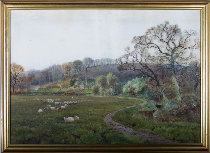 Framed Early 20th Century Watercolour - Sheep Grazing with Distant Cottage
