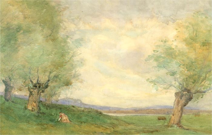 Mid 20th Century Watercolour - Resting by the Trees
