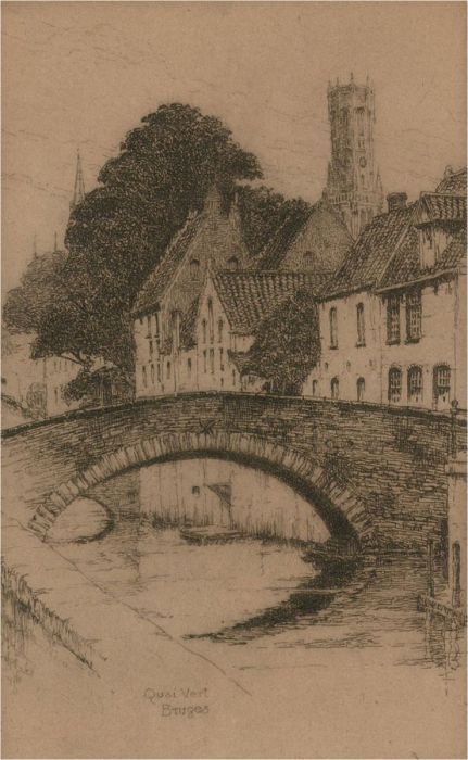 Early 20th Century Etching - Quai Vert, Bruges