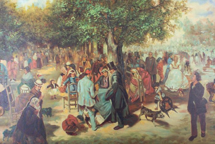 Birket - Mid 20th Century Oil, Crowded French Park