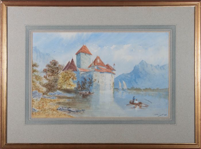 G.S. Plummer - 1874 Watercolour, Chillon Castle, Lake Geneva