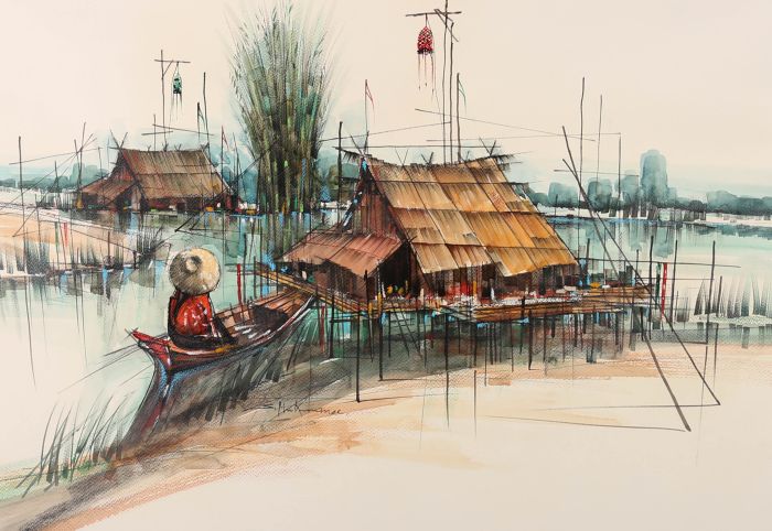 Mu Kumanee - Signed Mid 20th Century Watercolour, The Fishing Village