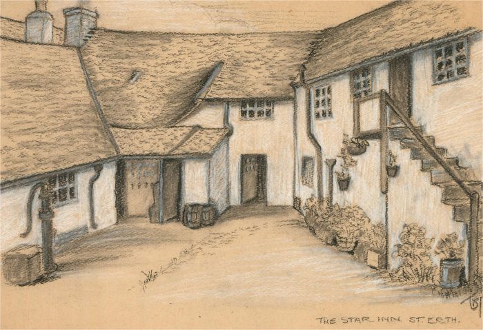 T.B.P. - Mid 20th Century Charcoal Drawing, The Star Inn, St. Erth