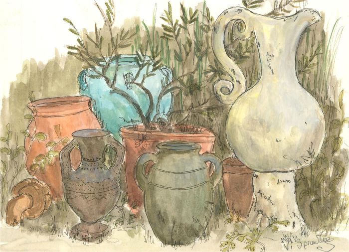 Vi Sprawling - 20th Century Watercolour, Garden Jars