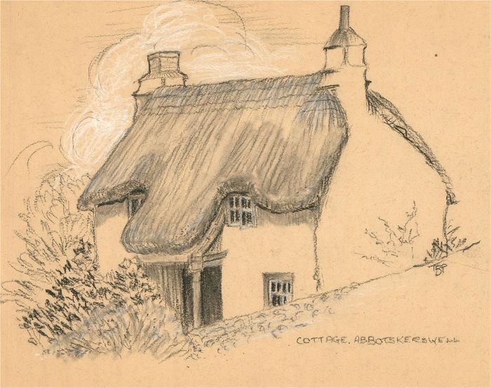 T.B.P. - Mid 20th Century Charcoal Drawing, Cottage, Abbotskerswell
