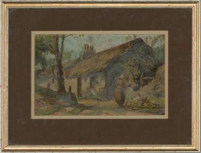 M.C.D. - Late 19th Century Oil, Cottage View with Mother and Child