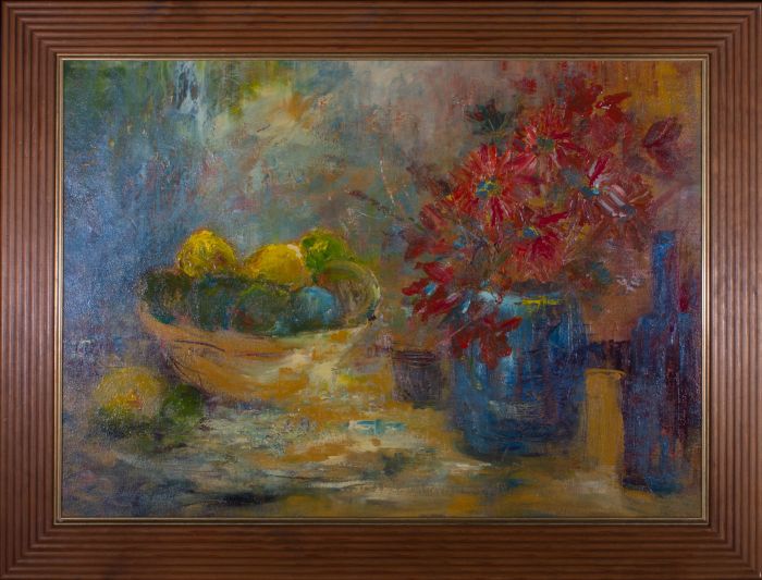 Annie Monk  - Contemporary Acrylic, Still Life with Lemons and Flowers