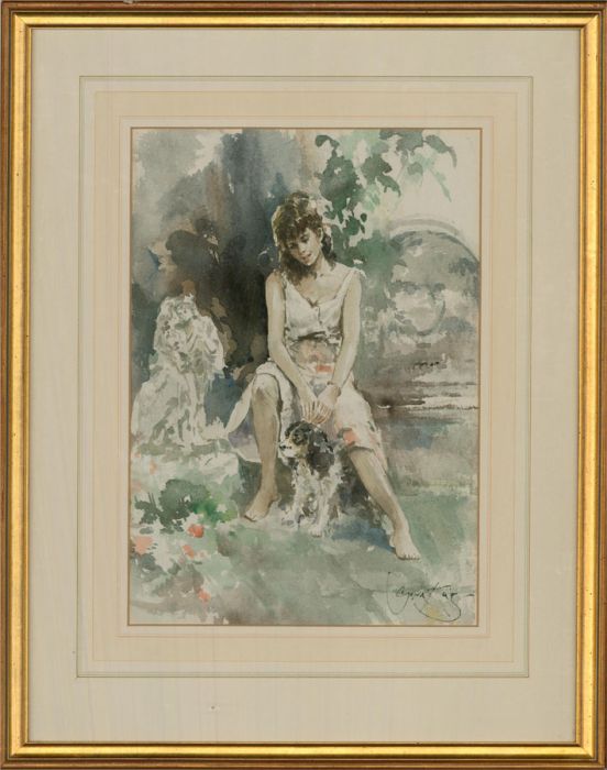 Gordon King  - 20th Century Watercolour, Woman and her Dog