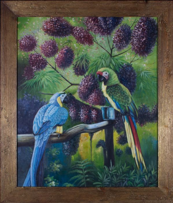 Framed  Contemporary Oil - A Meeting with Parrots