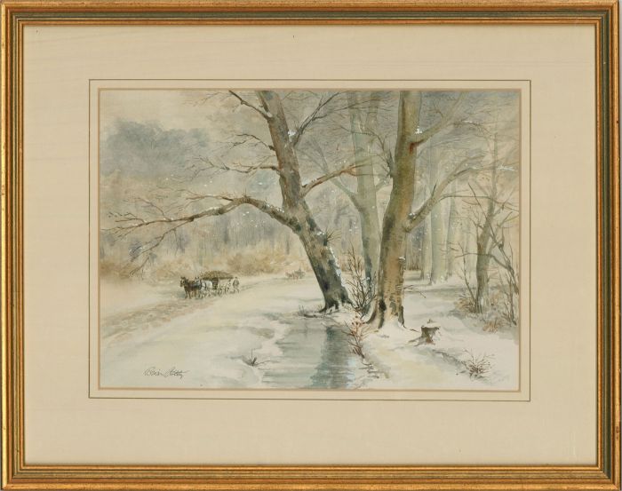 Brian Ottley - 20th Century Watercolour, Snowy Woodland Scene with Horse Cart
