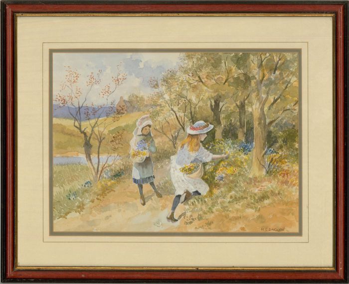 M. S. Darwen - Mid 20th Century Watercolour, Edwardian Girls Flower Picking