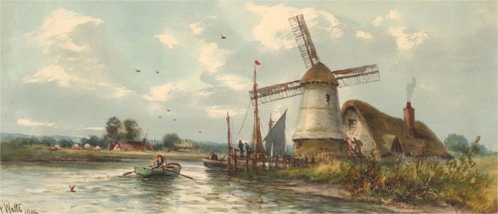 A. Watts - 1906 Watercolour, Rural View with Windmill