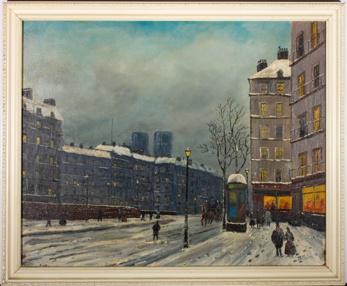 M. Parker - Manner of Maurice Utrillo 1978 Oil, Paris In The Snowy Night