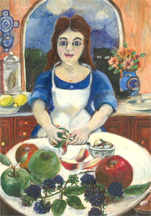 Naive Contemporary Oil - Lady Peeling Apples
