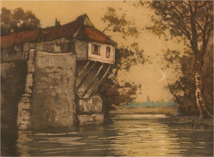 J. Davril  - Early 20th Century Etching, House on the Lake