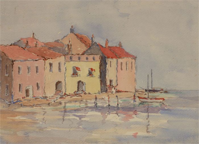 20th Century Watercolour - Pink Coastal Houses