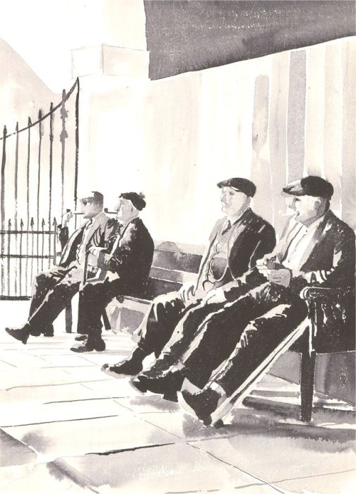 Gordon Metcalfe (b.1935) - Contemporary Watercolour, Four Gentleman on a Bench