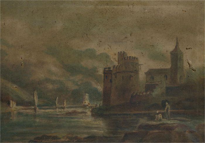 For Restoration Late 19th Century Oil - Lakeside Castle Fort