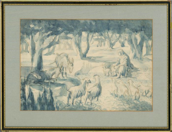 Early 20th Century Watercolour - Shepherd in Woodland