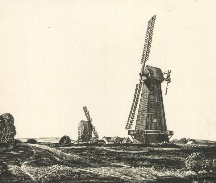 Bernard Ninnes  - Mid 20th Century Scratchboard, The Windmill