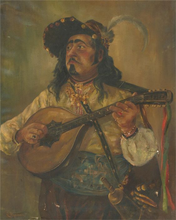For Restoration - K. Tippmer 1951 Oil, Man Playing the Lute