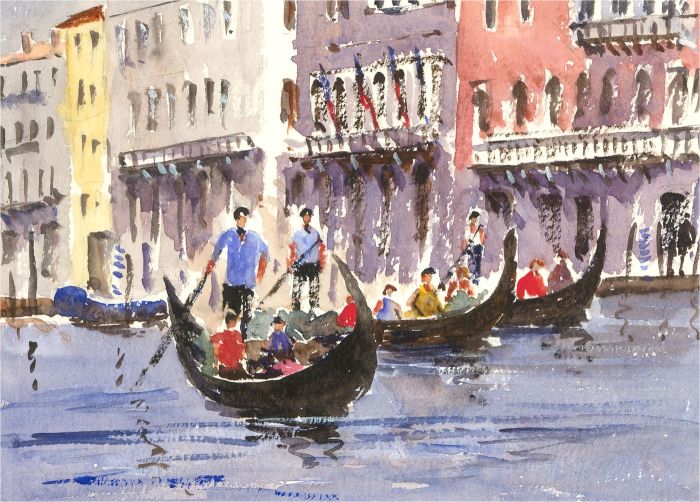 20th Century Watercolour - Venetian Gondolas