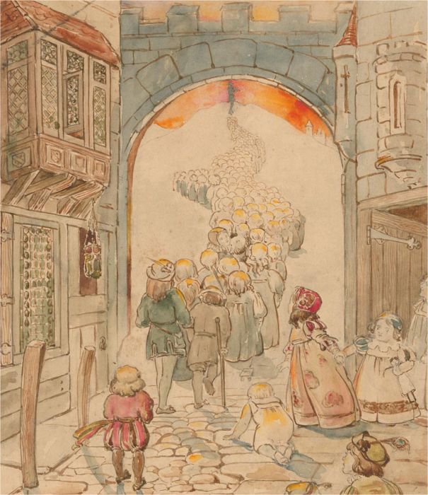 Mid 20th Century Watercolour - The Pied Piper of Hamlin