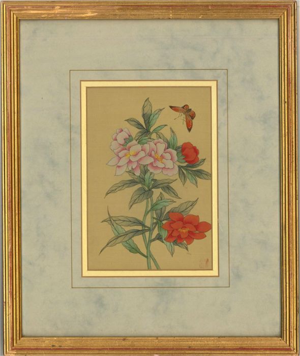 20th Century Watercolour - Butterfly And Blooms