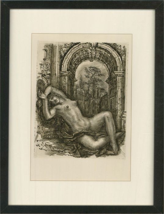 20th Century Etching - Reclining Nude In Italianate Courtyard