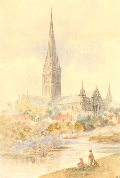 20th Century Watercolour - Fishing by Salisbury Cathedral