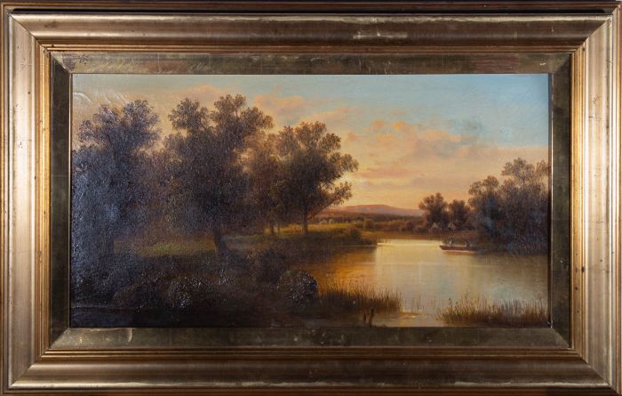 Late 19th Century Oil - Sunset River View with Small Boat
