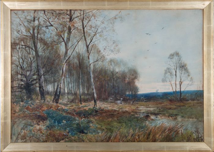 H.C.K. - 1893 Watercolour, Deer by a Copse on a Heath