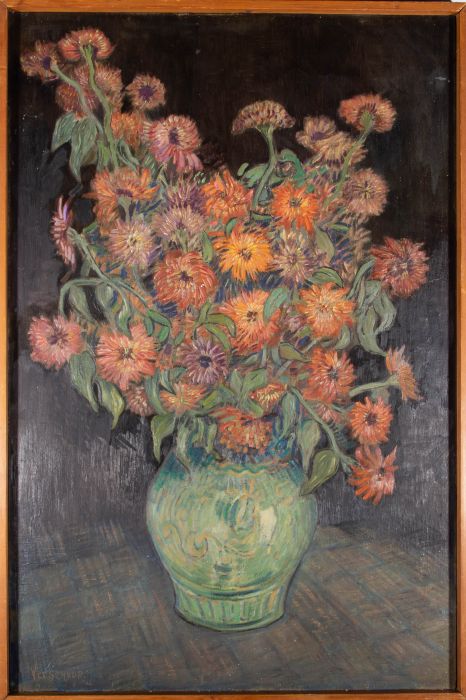 Verschuur - 20th Century Oil, Green Vase with Chrysanthemums