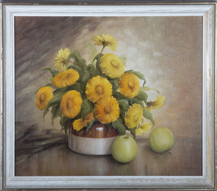 Diane Preston  - 1977 Oil, Vase of Yellow Flowers