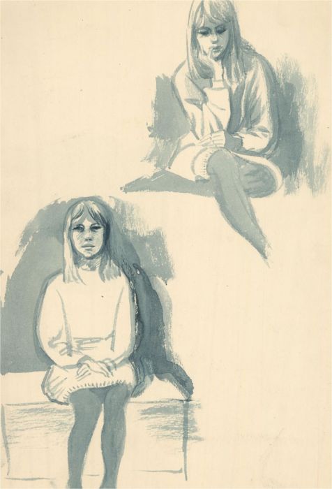 20th Century Watercolour - Study of a Seated Girl in Blue