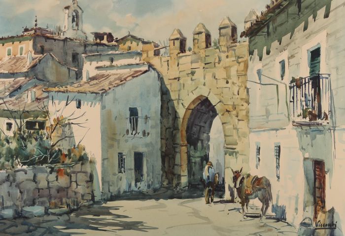 Julio Visconti Merino (b.1921) - Watercolour, Village Scene with Figure & Horse